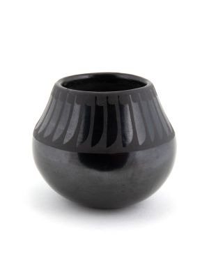 BLACKWARE POTTERY JAR WITH FEATHER DESIGN BY MARIA MARTINEZ (SAN ILDEFONSO)